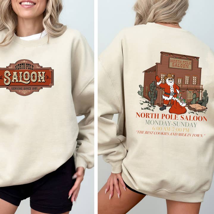 North Pole Saloon, Christmas Party Front and Back Sweatshirt for wholesale by Refinery Number One LLC