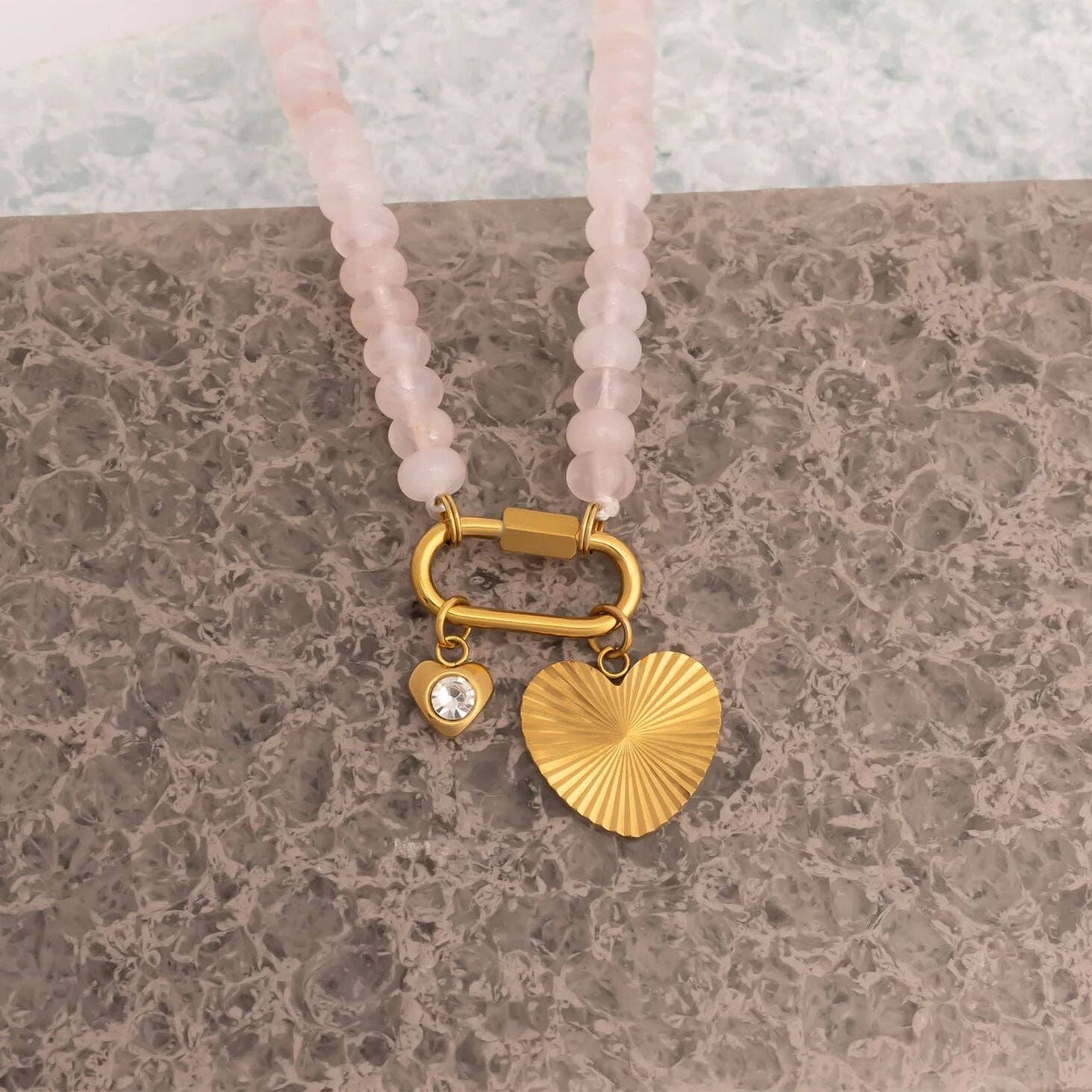 WJW - Wholesale Beaded/Pearl Necklace - Stainless Steel Pink Chunky Glass Bead Carabiner Necklace11