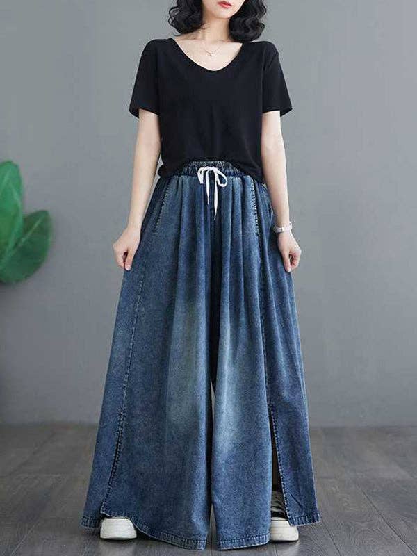 BLUE Loose Wide Leg Drawstring Split-Side Jean Pants Bottoms Trousers for wholesale on Faire3