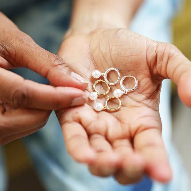 Glass Pearl Huggie Hoop Earrings for wholesale by Lisa Angel