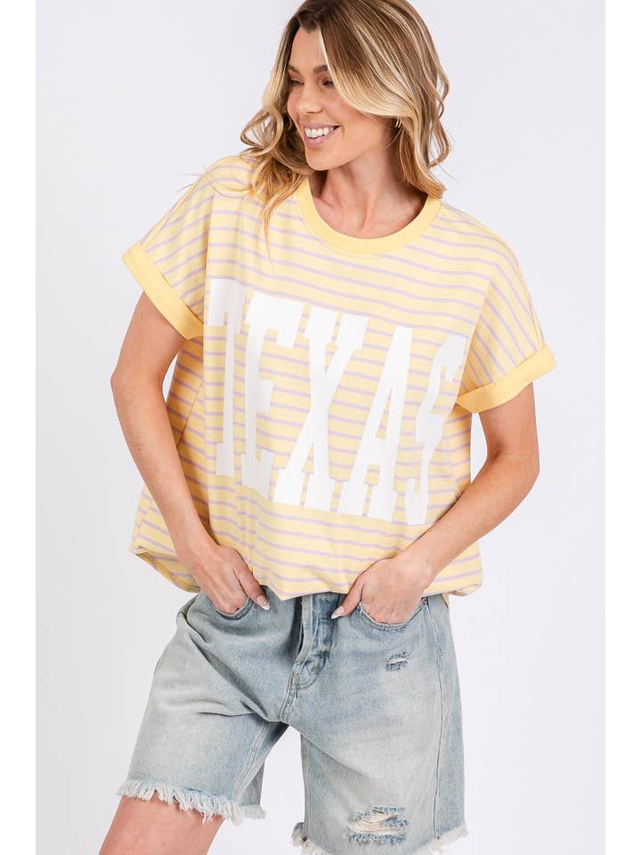 Sewn and Seen - Wholesale Screen Printed T-Shirt - Women's - TERRY STRIPED TEXSAS PRINT TOP5