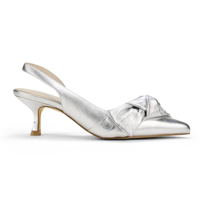 Kaleigh Bow Heel in Silver Leather for wholesale by Yosi Samra