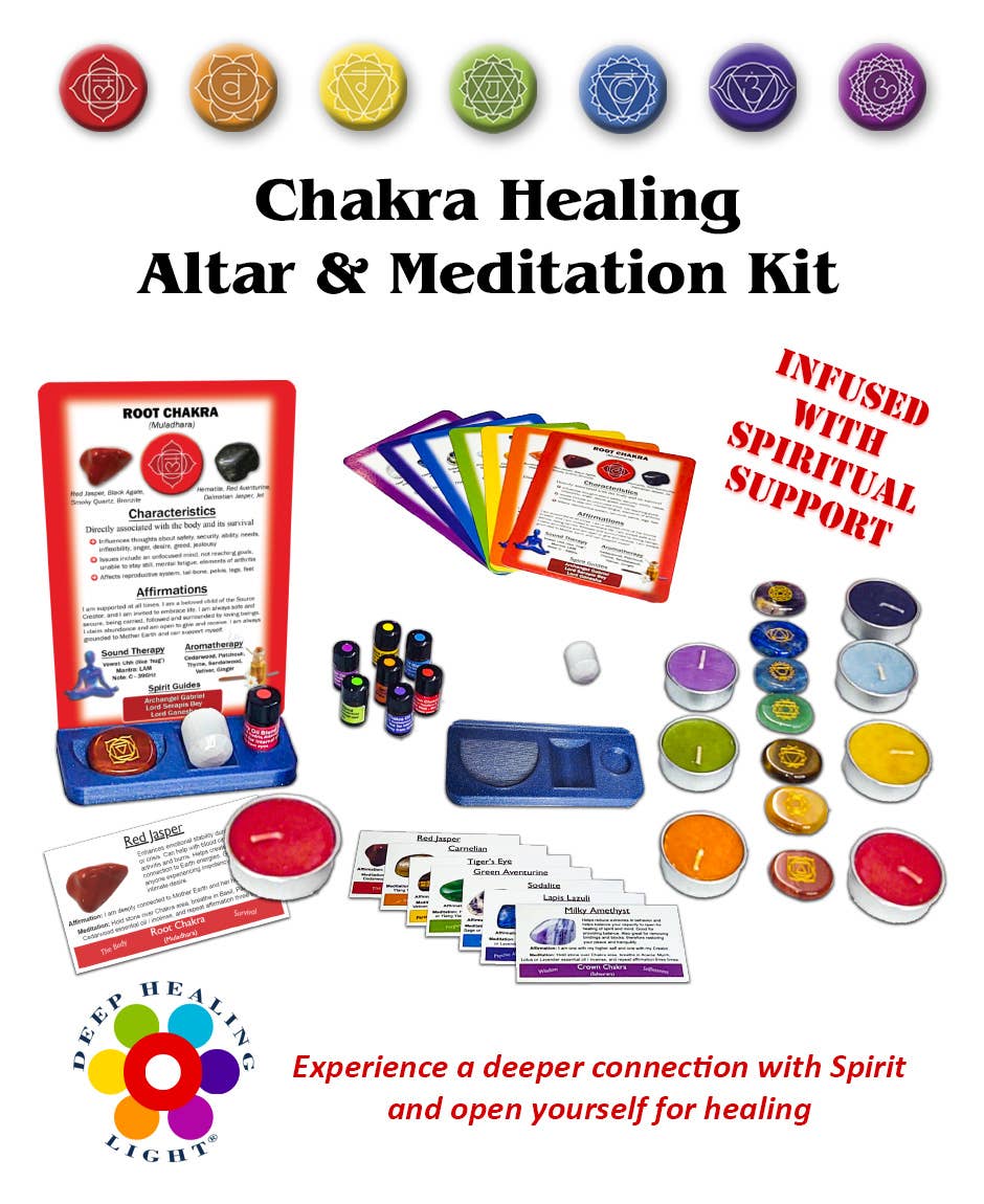 Deep Healing Light - Wholesale Meditation Supplies - Chakra Healing Altar & Meditation Kit - 7 Chakra Sets: Engraved Symbols Stones, Healing Cards, Essential Oil Blends, Scented Candles, Selenite Crystal2