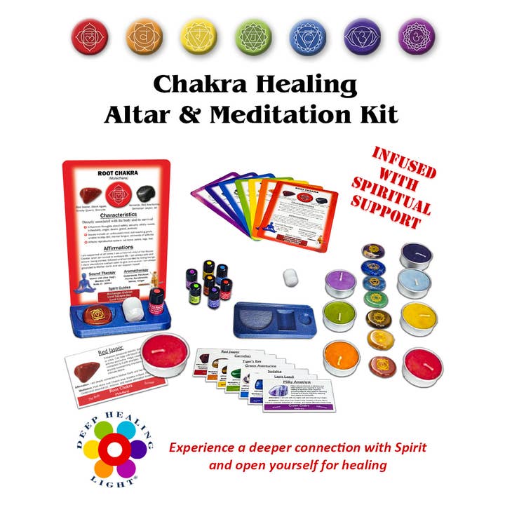 Deep Healing Light - Wholesale Meditation Supplies - Chakra Healing Altar & Meditation Kit - 7 Chakra Sets: Engraved Symbols Stones, Healing Cards, Essential Oil Blends, Scented Candles, Selenite Crystal2
