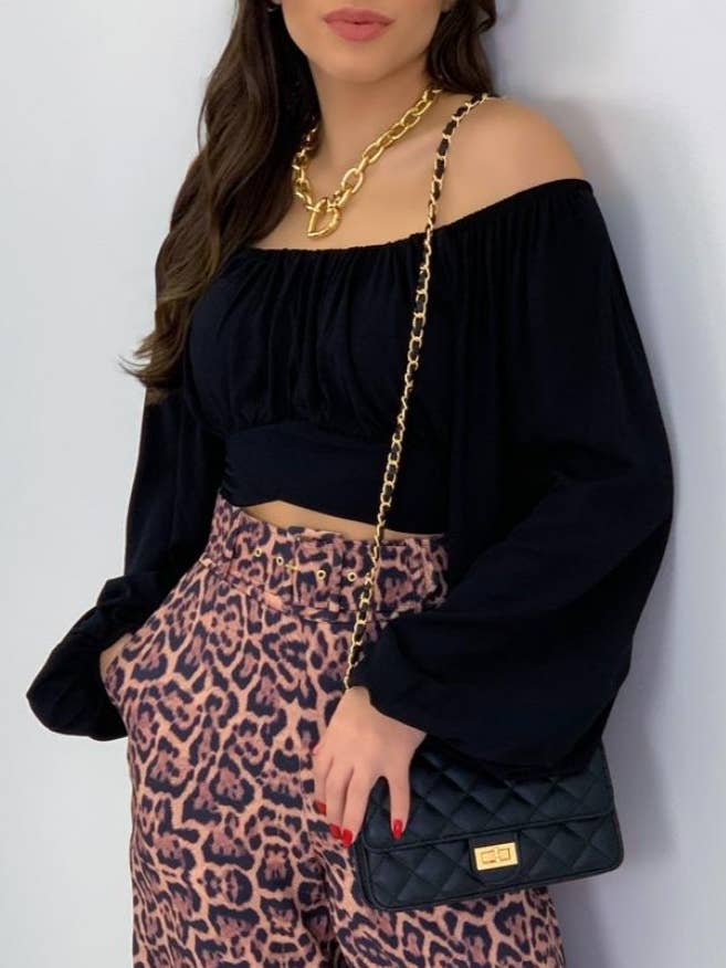 HIDDENBRAND - Wholesale Blouse - Women's - Crop Top Balloon Sleeve Straight-Neck Shirt