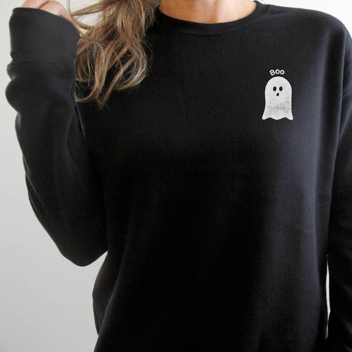 Ghost sweatshirt, halloween unisex crewneck, unique hand printed spooky cute ghost design, black soft sweater, ethical fashion for wholesale by M.E. Image