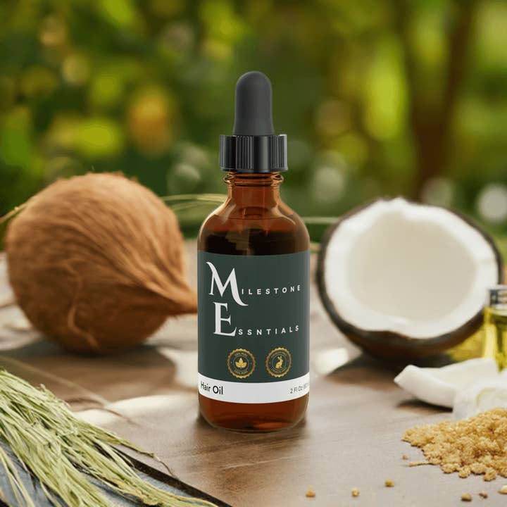 100% Vegan Hair Oil with Argan, Castor & Rice Bran - 2 fl. oz. for wholesale by Milestone Essentials