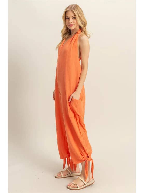 BJ's Closets - Wholesale Jumpsuit - Women's - Cotton Halter Open Back With Drawstring Tie Wide Leg Loose 1