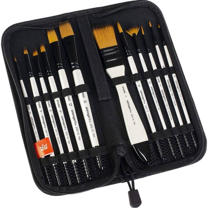 KINGART - Wholesale Paint/Wax Brush - Studio Brush Set - Gold Nylon - Storage Case - 12 Piece2