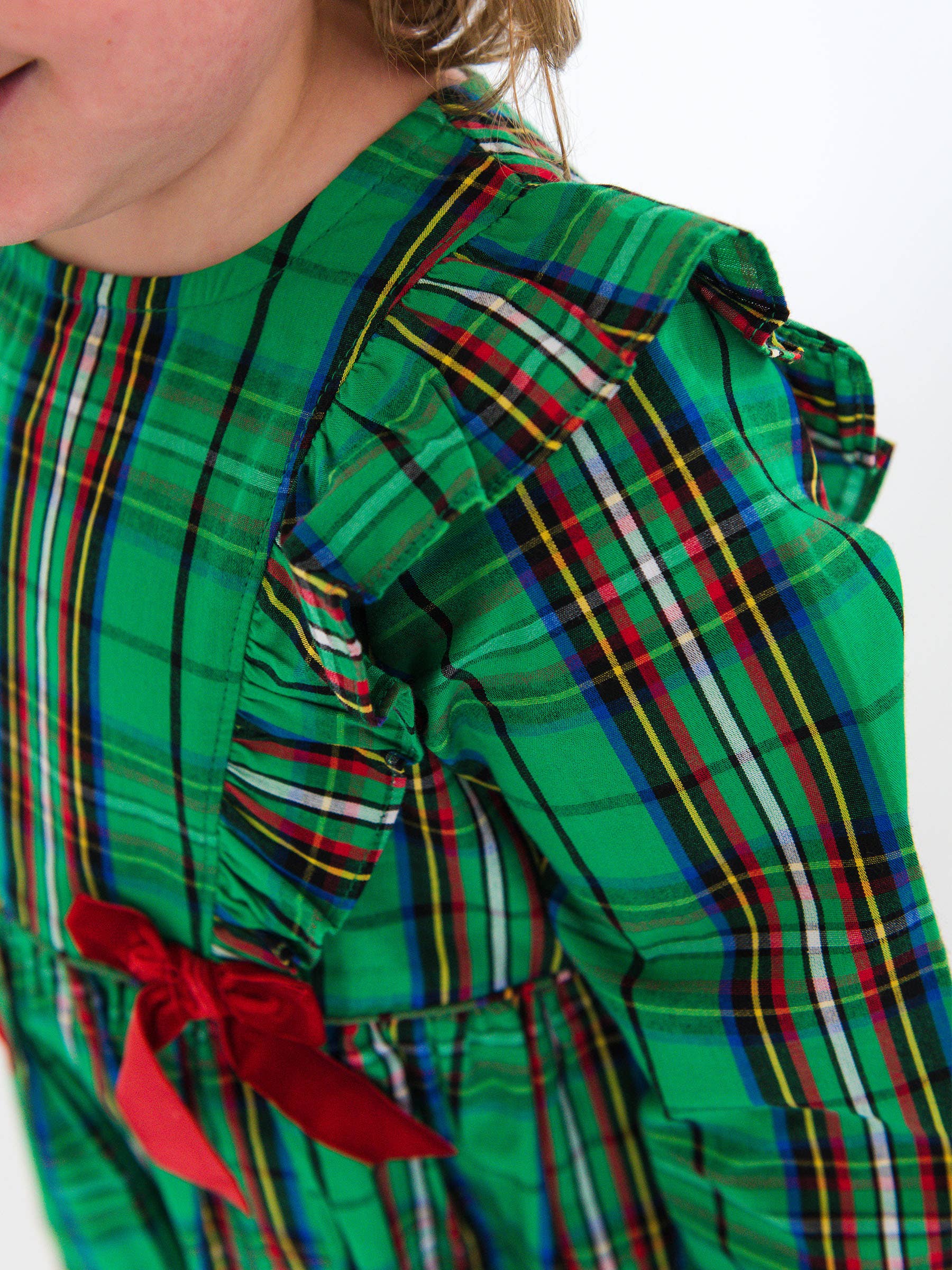 Girls Green Nicholas Plaid Woven Long Sleeve Waterfall Bow Dress for wholesale on Faire5