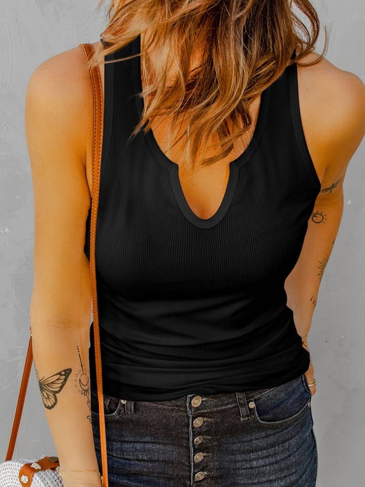 CWOV0232_WOMEN'S SOLID COLOR DARK V SLEEVELESS TOP for wholesale by NINEXIS