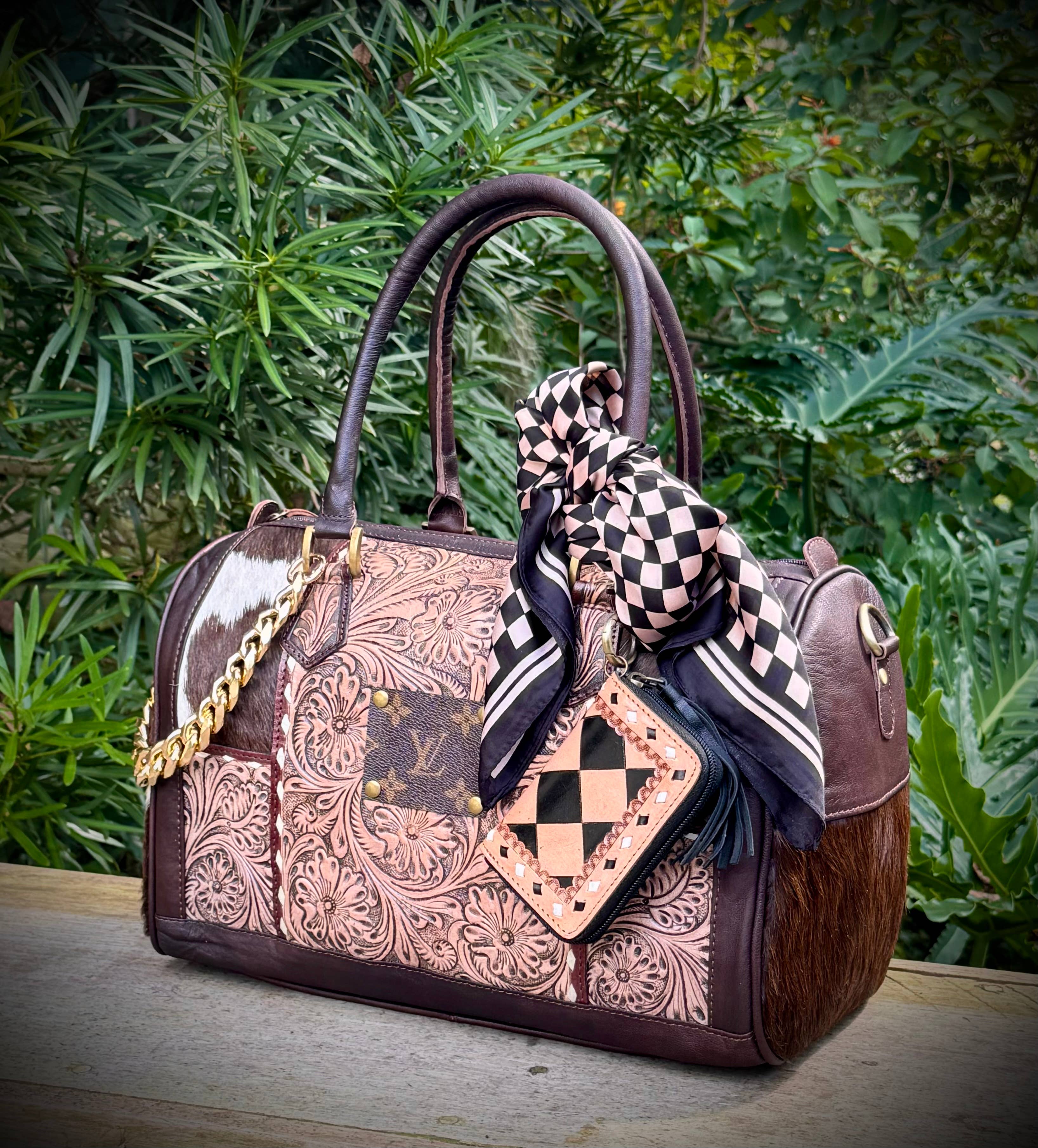 Southern Junkie Gypsy Boutique - Wholesale Crossbody Bag - Women's - Upcycled Tooled Leather Cowhide Speedy Crossbody Bag 1