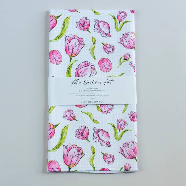 Floral Kitchen Towel Pink Flower Waffle Towel Tulip Pattern for wholesale by Alla Dickson Art