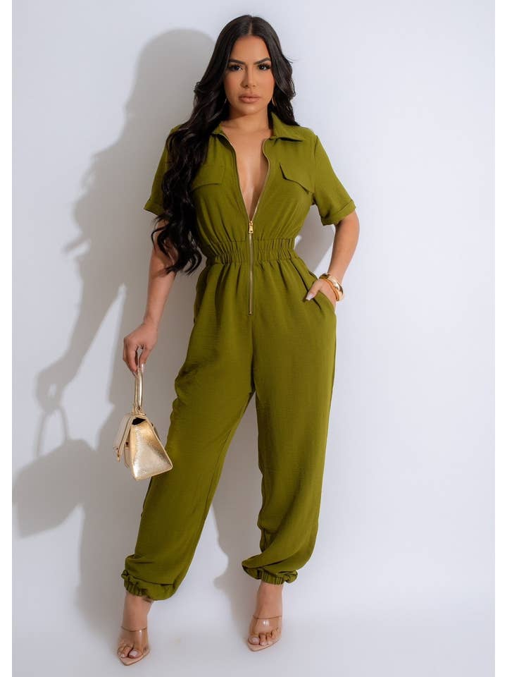 BJ's Closets - Wholesale Jumpsuit - Women's - SHORT SLEEVE FRONT ZIPPER JUMPSUIT-CACTUS
