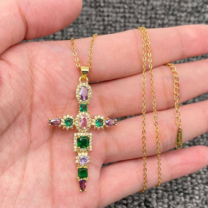 Mio Queena - Wholesale Pendant/Charm Necklace - Multi Style Rhinestone & CZ Cross Charm Golden Necklace
