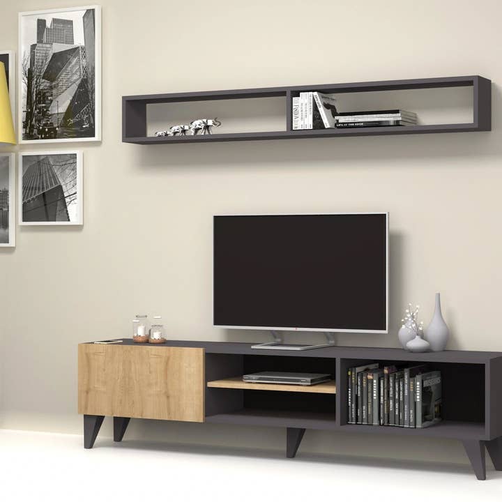 Amore TV e prateleiras de parede - Cinza/Carvalho até 65 polegadas Tv por atacado de Woohoo Sleep Like a Bear