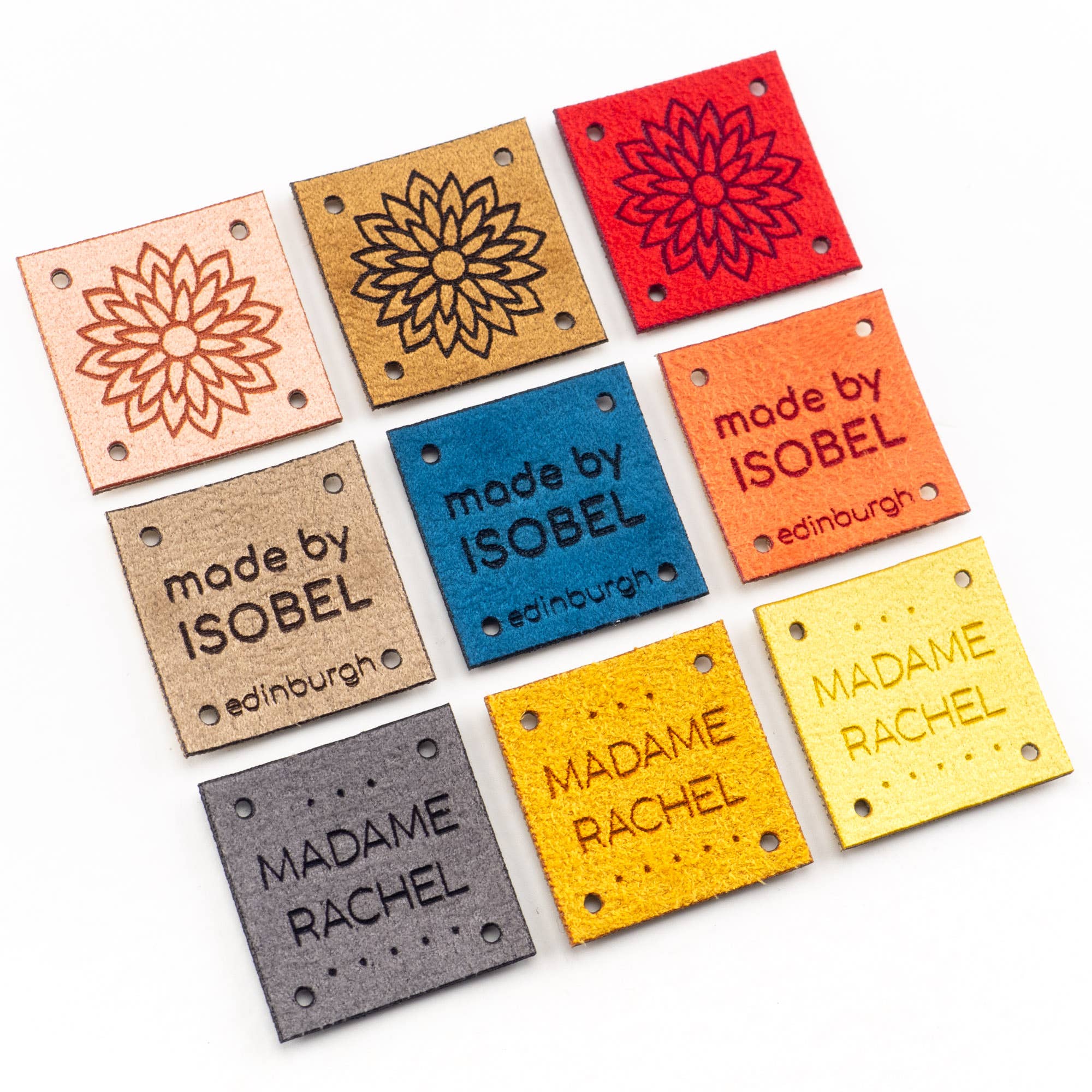 minimize custom tags - Wholesale Knitting/Crochet Supplies - Custom Square Faux Suede Labels for Branding and Promo5