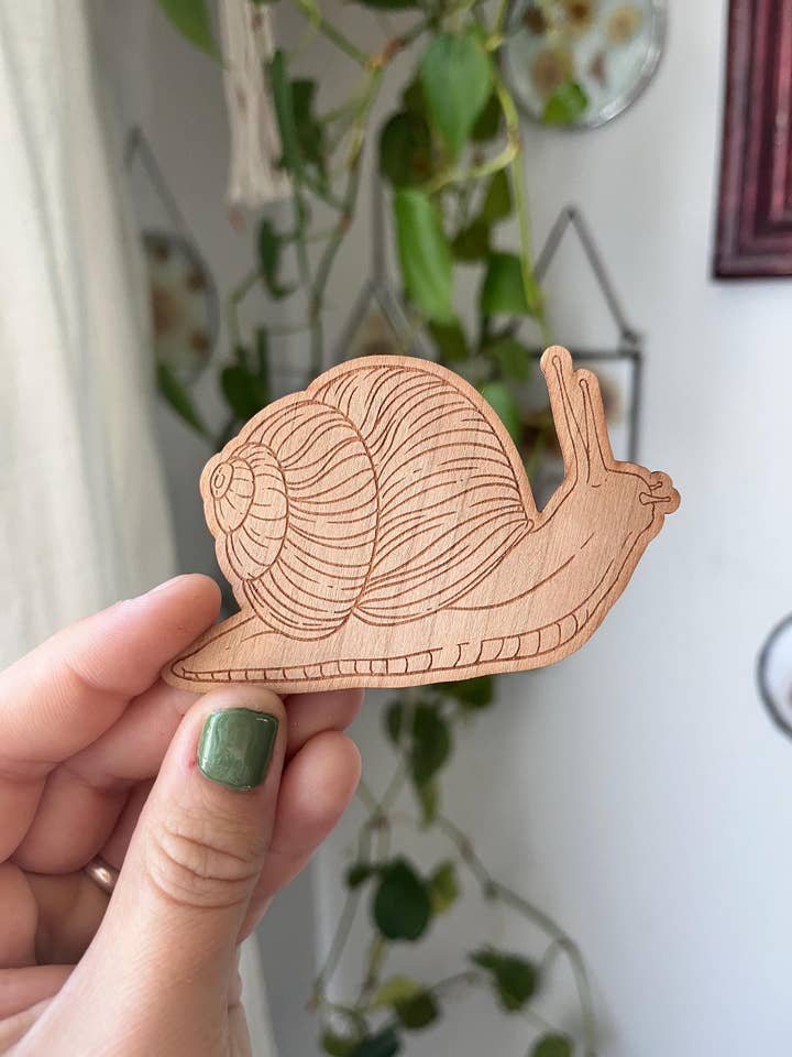 Snail Wooden Sticker: Laser Engraved, Cherry Wood for wholesale by Owlhaired Designs
