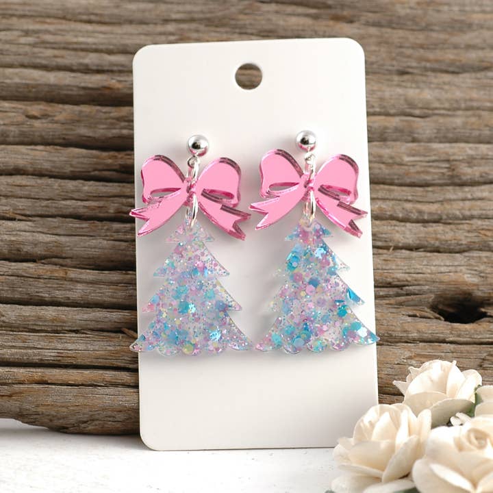 Christmas Tree Earrings | with Bow Dangle Post - Acrylic for wholesale by Rocky Mountain Shops