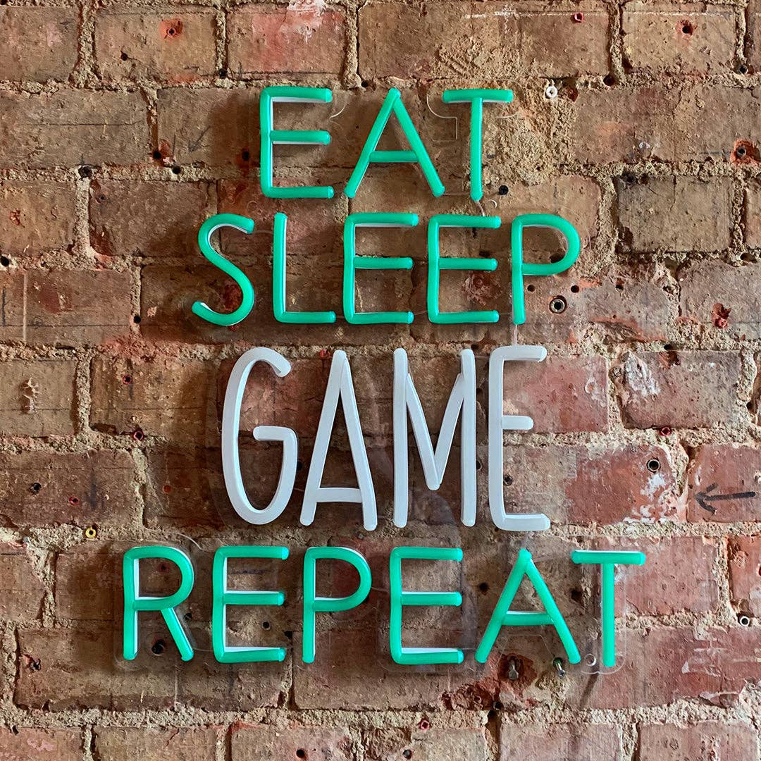 Eat Sleep Game Repeat' Green & White Neon LED Wall  Sign for wholesale on Faire6