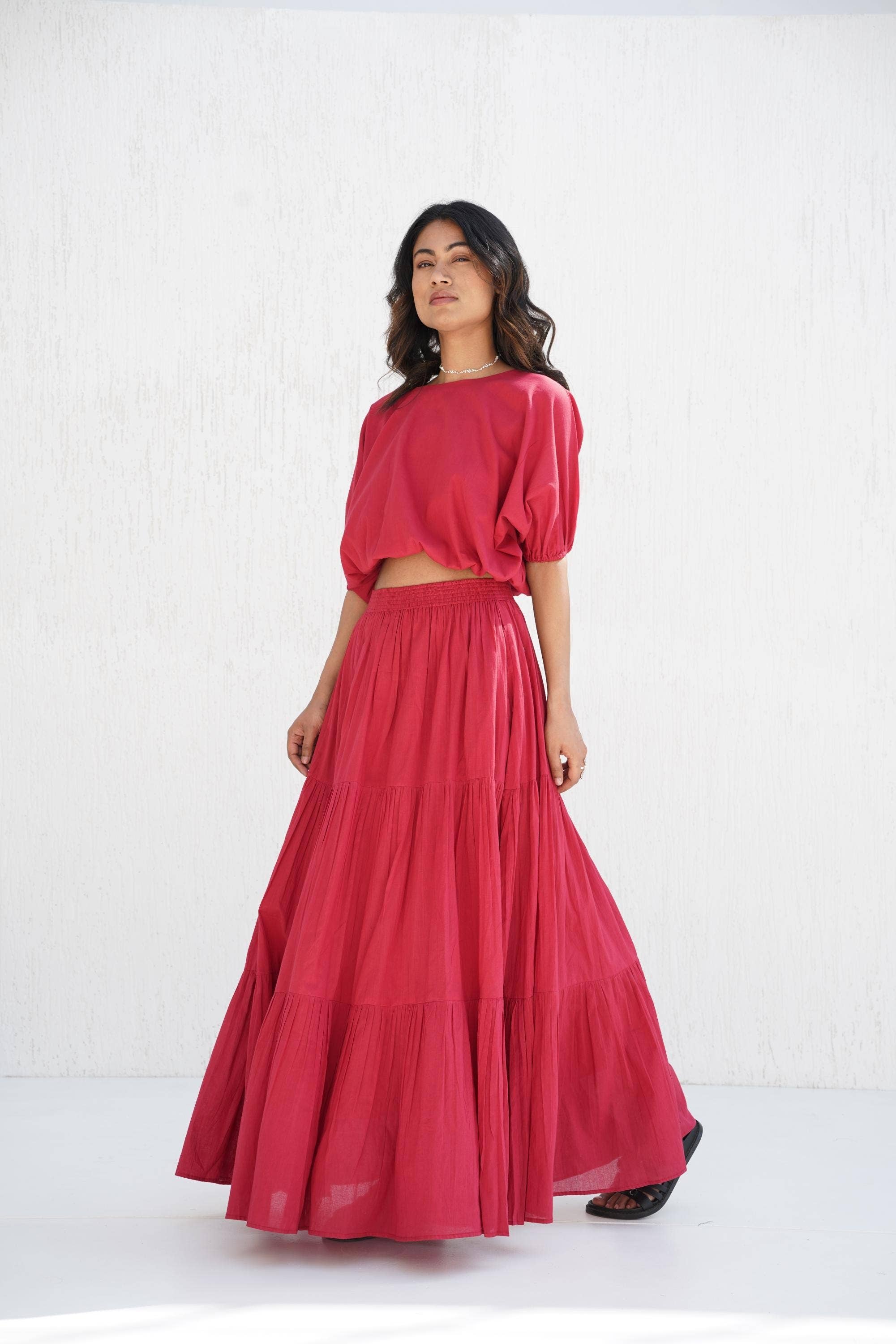 Tailor Didi – Conjunto de top e saia - Mulher por atacado – Conjunto de Saia Maxi Boho de Algodão em Camadas e Top Curto com Decote Cano.5