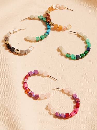 Square Semi Precious Stone Bead Mix Hoop Earrings for wholesale by Designature New York