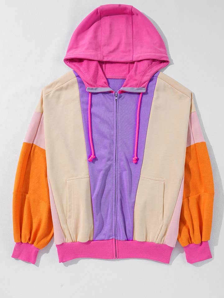Grapefruit Orange FB Colorblock Patchwork Front Zip Up Hoodie for wholesale on Faire4