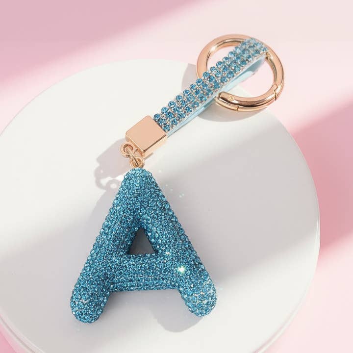 Silver Initial Letter Blue Crystal Key Ring & Bag Charm for wholesale on Faire0