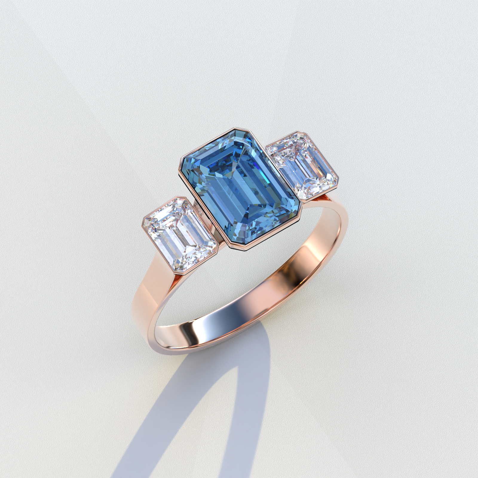 Mohana Jewels - Luxury - Wholesale Engagement Ring - Lab Grown Diamond Blue Emerald Cut Bezel Set 3 Stone Diamond Engagement Ring - Elaris10
