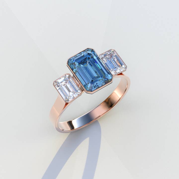 Mohana Jewels - Luxury - Wholesale Engagement Ring - Lab Grown Diamond Blue Emerald Cut Bezel Set 3 Stone Diamond Engagement Ring - Elaris10