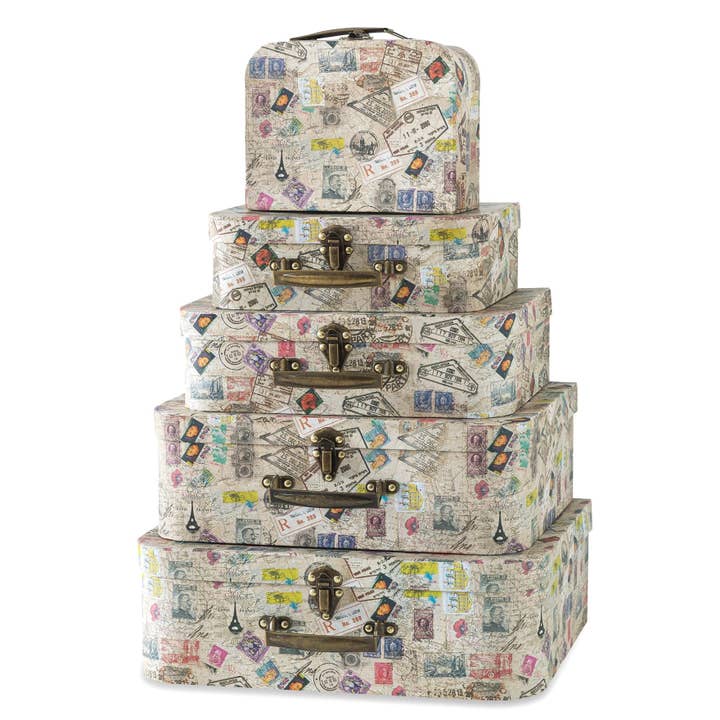 Set of 5 Decorative Suitcase Storage Boxes with Handle for wholesale by Soul & Lane