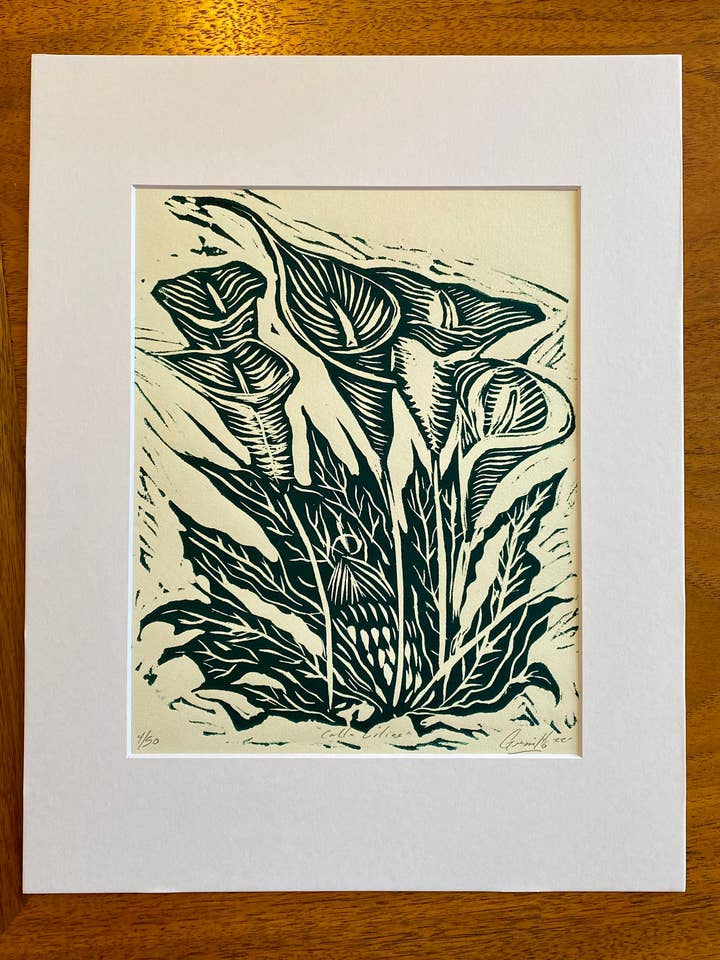 Calla Lily - 11"x14” Hand-Pulled Relief Print in Phthalo for wholesale by Chris Granillo Art
