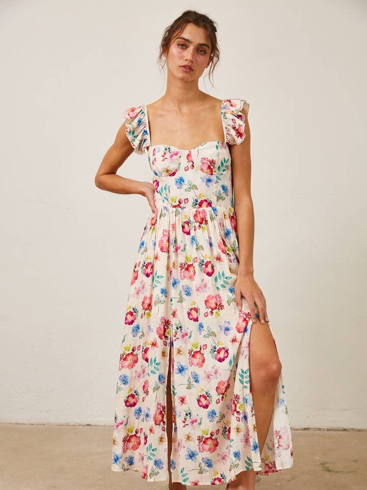 Vestido largo con volantes florales y tirantes fruncidos JD2101-1 para venta al por mayor de Creamon