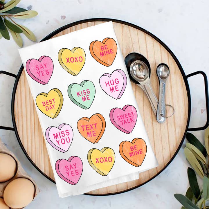 Candy Hearts Messages Valentine Tea Towel for wholesale by Avery Lane Gifts