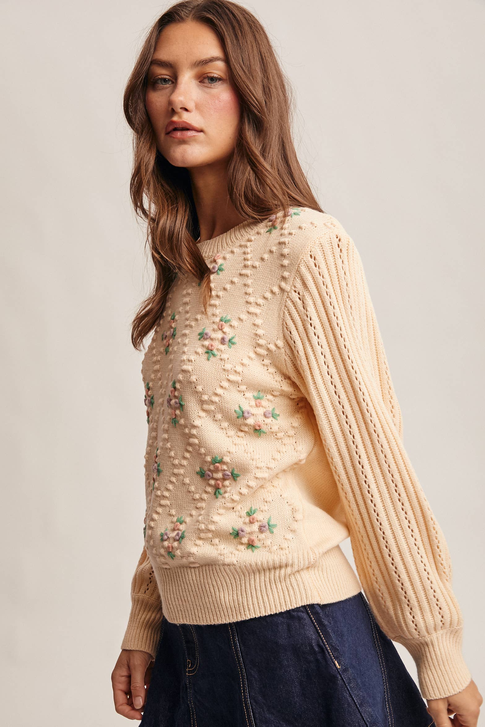 Forte - Venta al por mayor Jersey de punto - Mujer - Jersey de Punto con Mangas Abullonadas Bordadas FSW00073