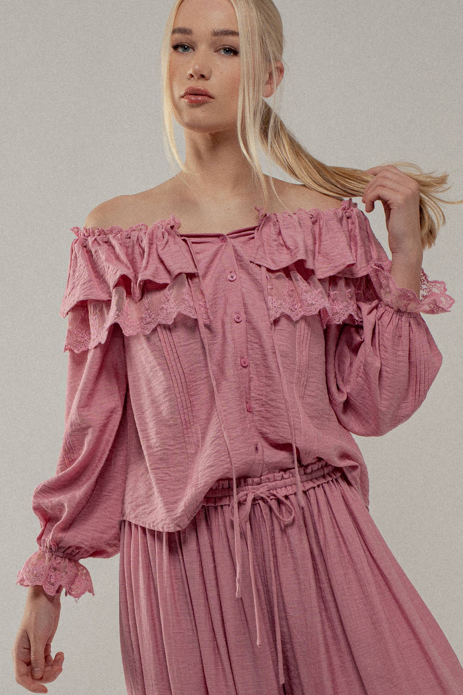 Urban Daizy - Wholesale Blouse - Women's - Lace Trim Ruffle Tie Neck Spring Blouse Top18