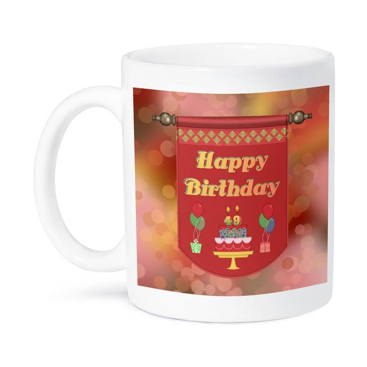 3dRose - Wholesale Coffee Mug - 3dRose, Happy 49th Birthday Banner, Cake with Gifts and Balloons, Mug8