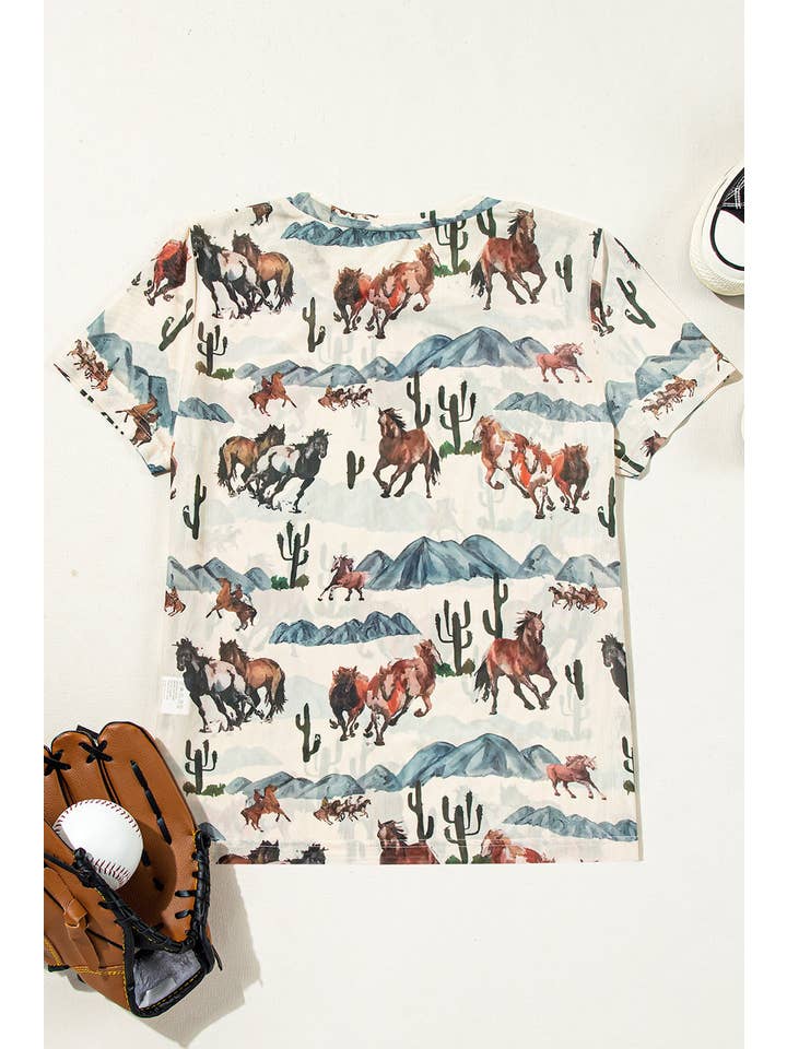 Beige Western Mesh Short Sleeve T-Shirt for wholesale on Faire