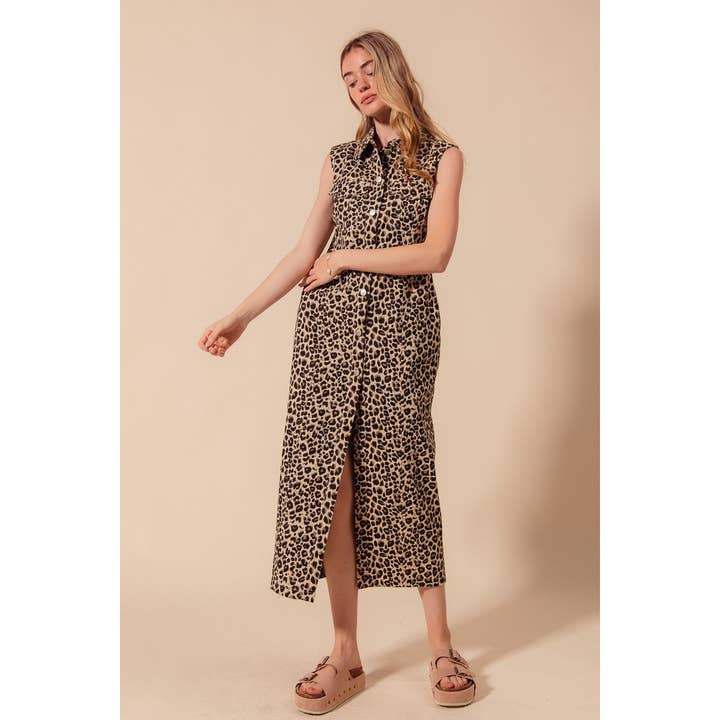 BUTTON FRONT MAXI LEOPARD DENIM SHIRT DRESS for wholesale on Faire