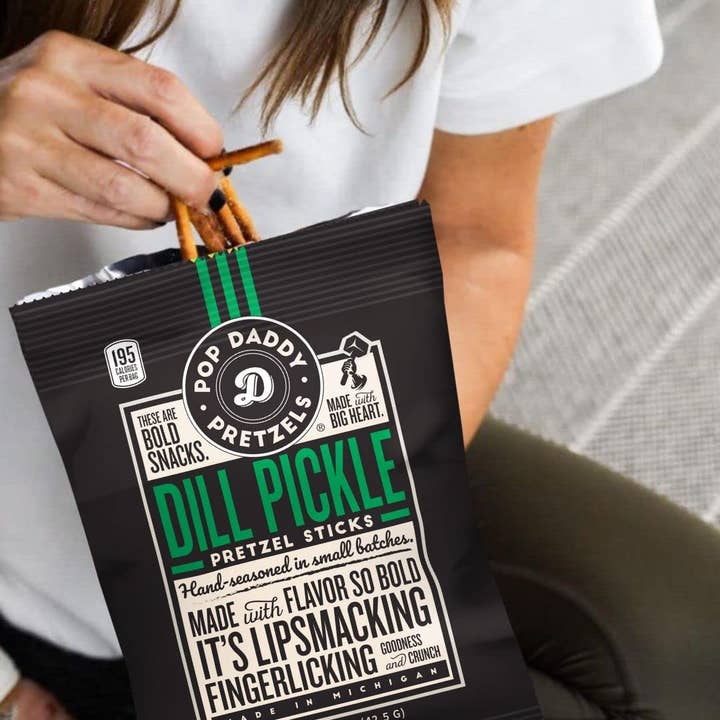 Shop The King - Wholesale Pretzels - Pop Daddy Flavored Pretzels Sticks | Dill Pickle Flavor | 3oz Healthy Gourmet Pretzels Snacks | 15 Pack