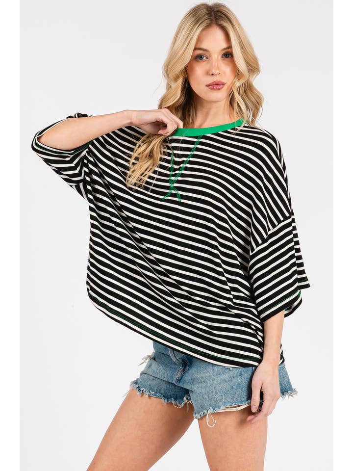 Ces Femme USA - Wholesale Tunic - Women's - TS13916STB/Striped Oversized T-Shirt with Contrast Details