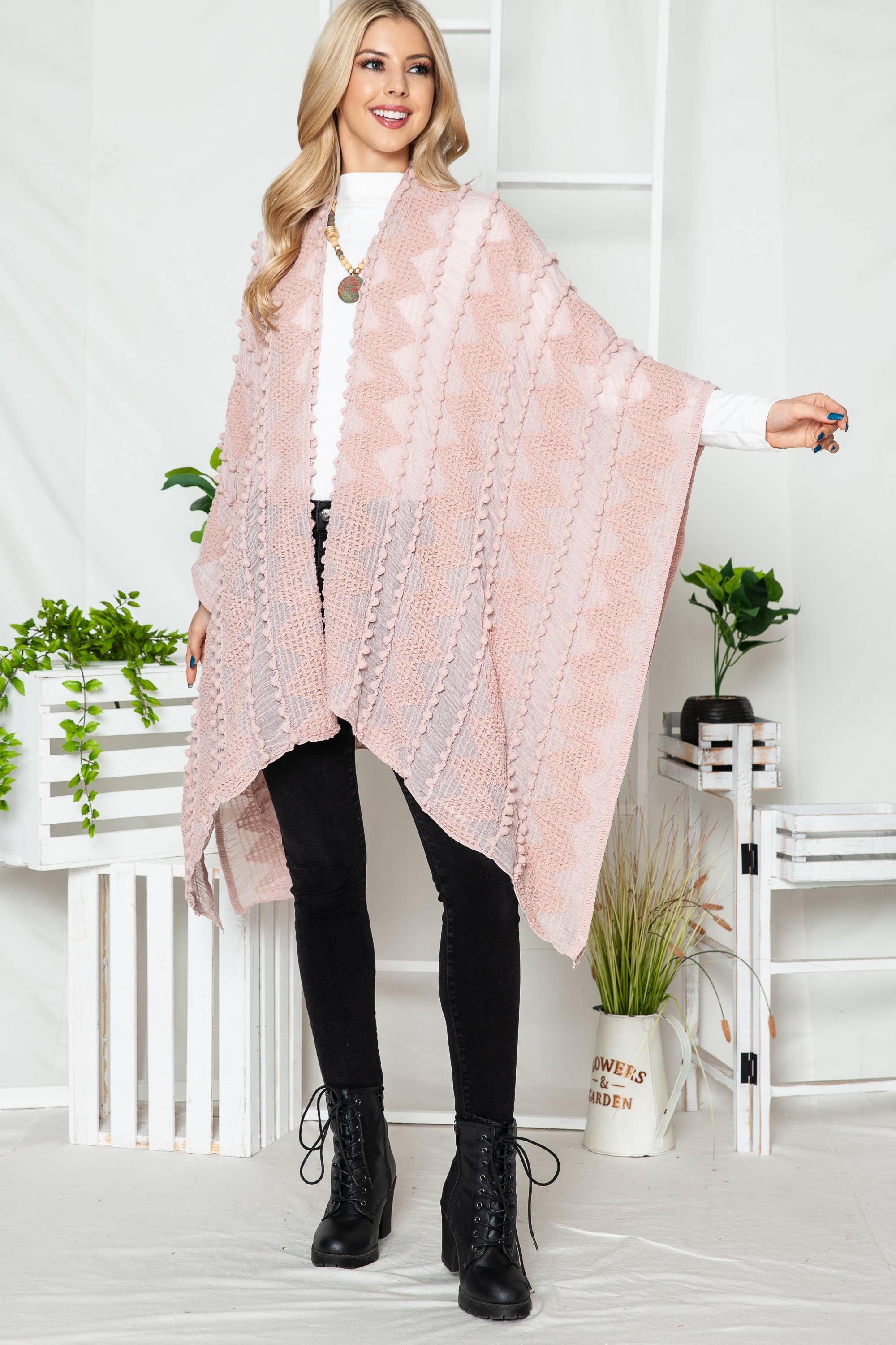 Justin & Taylor - Wholesale Kimono - Women's - Puffer-Up | Soft Textured Cover-Up Kimono With Pom Detail34