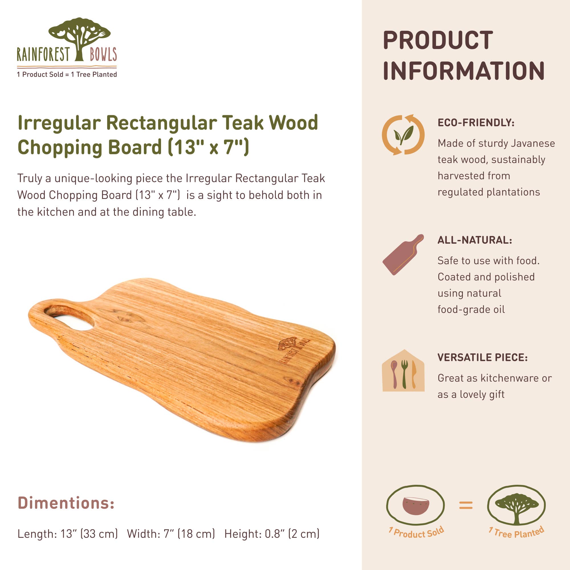 Rainforest Bowls - Wholesale Cutting Board - Irregular Shaped Teak Wood Chopping Board (13x7) with Handle8