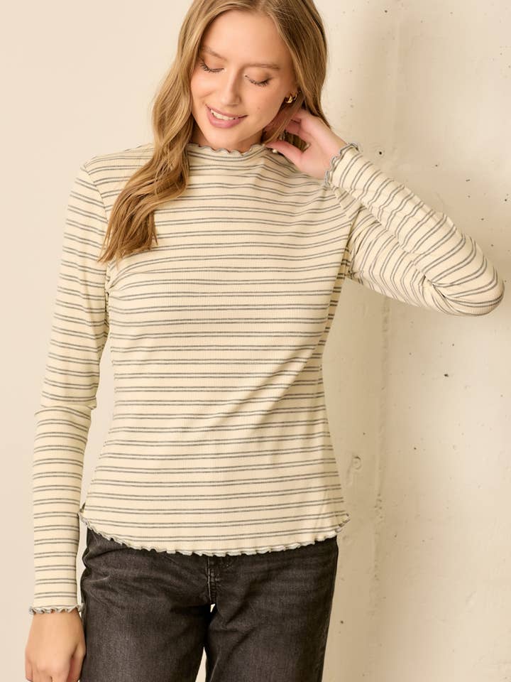 STRIBET LANGÆRMET TOP MED MOCK-HALS for engroshandel hos Polagram by Wellmade USA