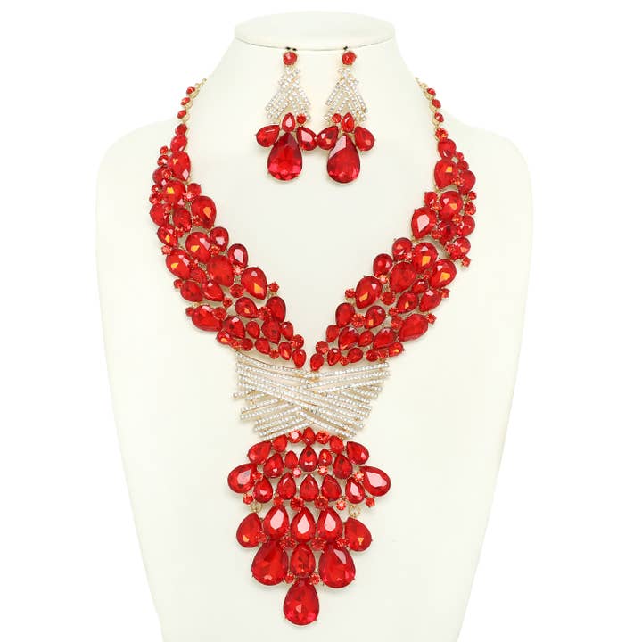 SP Sophia Collection - Wholesale Jewelry Set - Teardrops Crystal Cluster Bib Necklace Set 4
