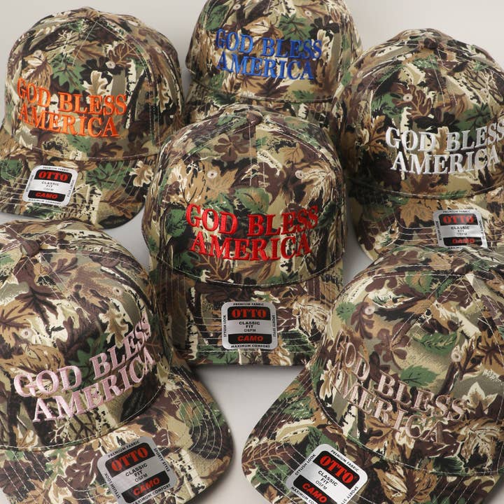 GOD BLESS AMERICA Embroidered CAMO Trucker Hat for wholesale by Fashion City