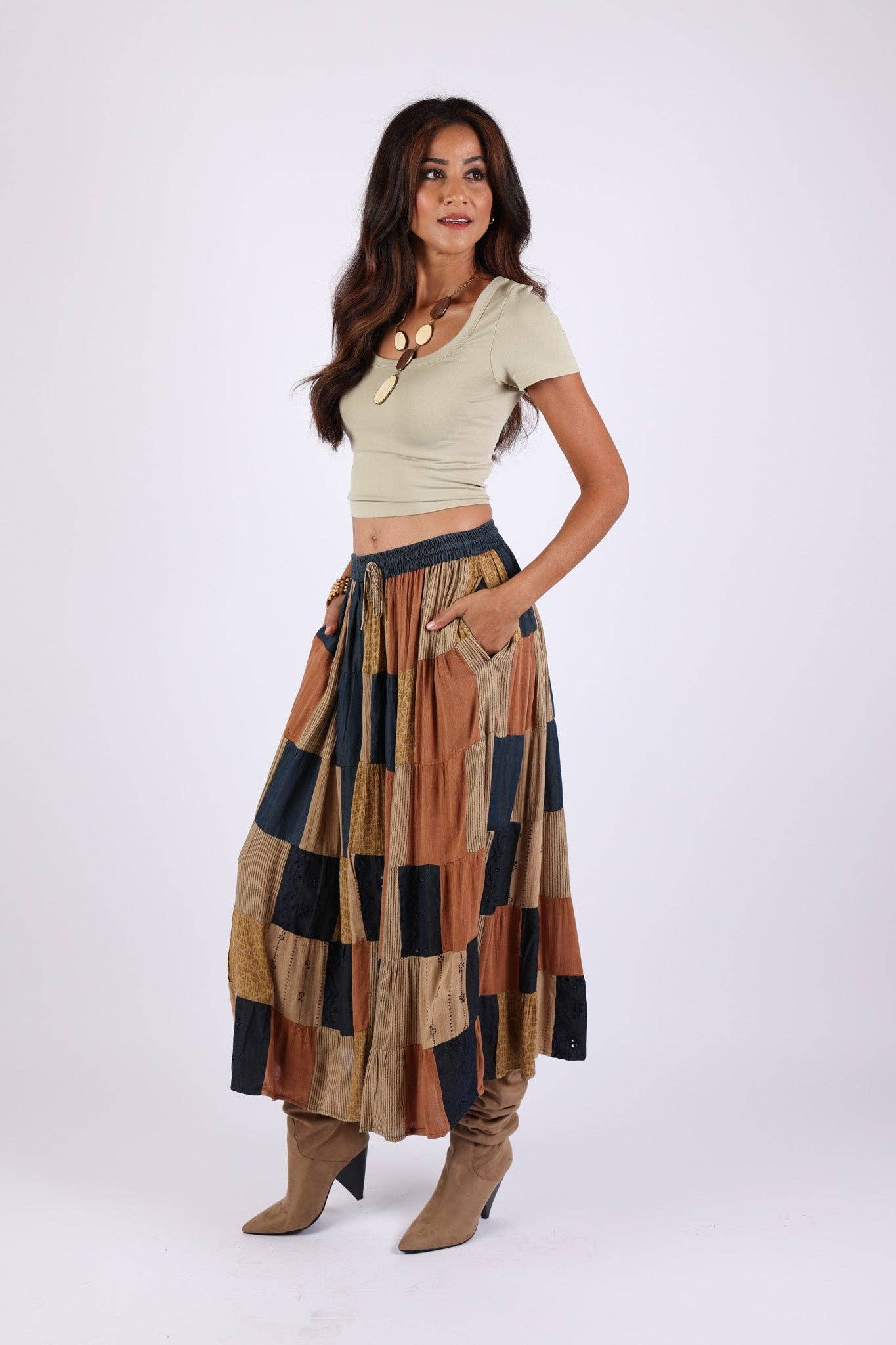 Sacred Threads - Wholesale Skirt - Women's - Earth-Tone Denim Skirt: Patchwork Color block6