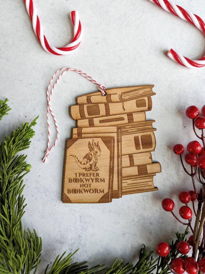 I Prefer Bookwyrm - Book Dragon Wooden Ornament for wholesale by Emberglow Gaming