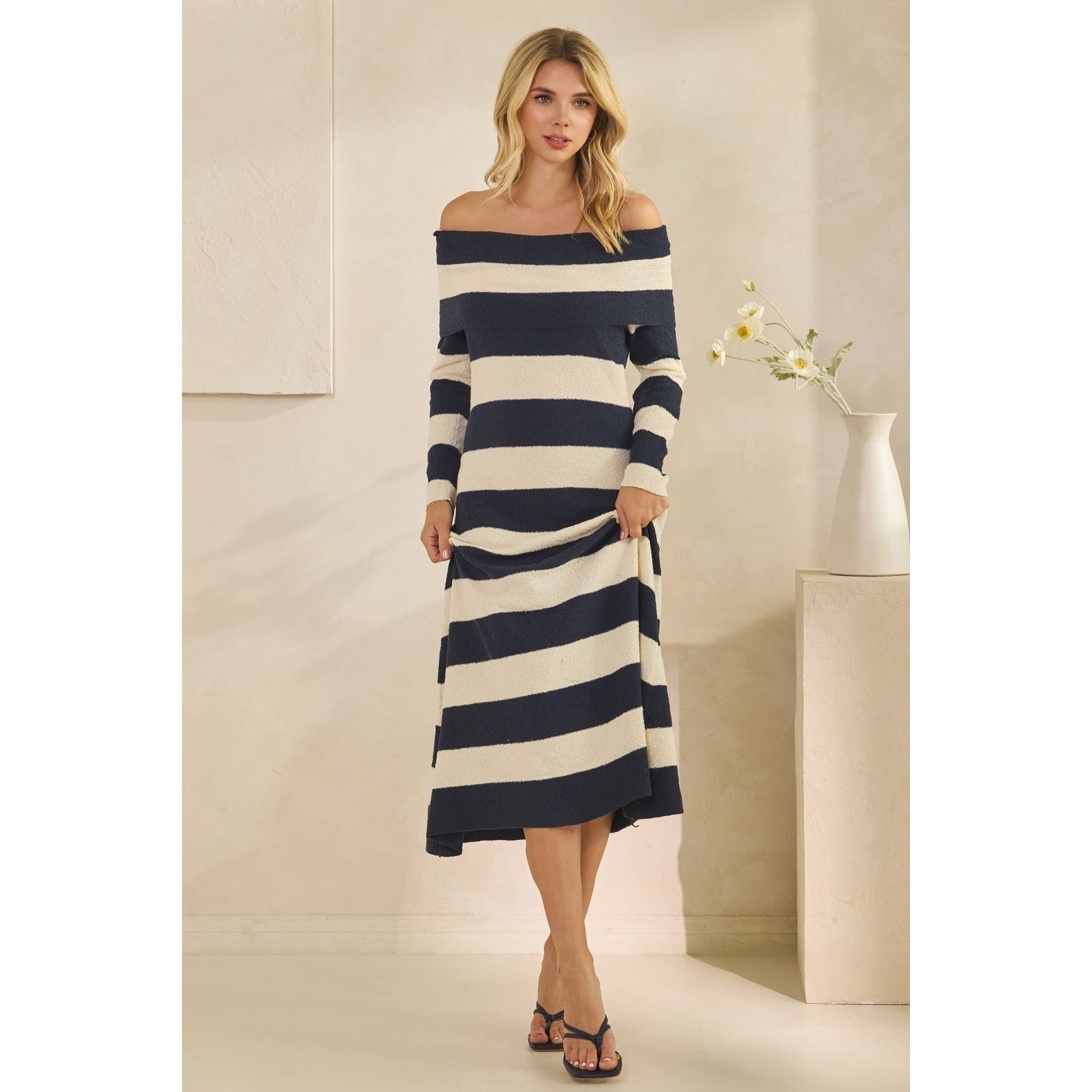 Veveret - Wholesale Dress - Women's - Texture Knit Off-Shoulder Wide Stripe Long Dress 17