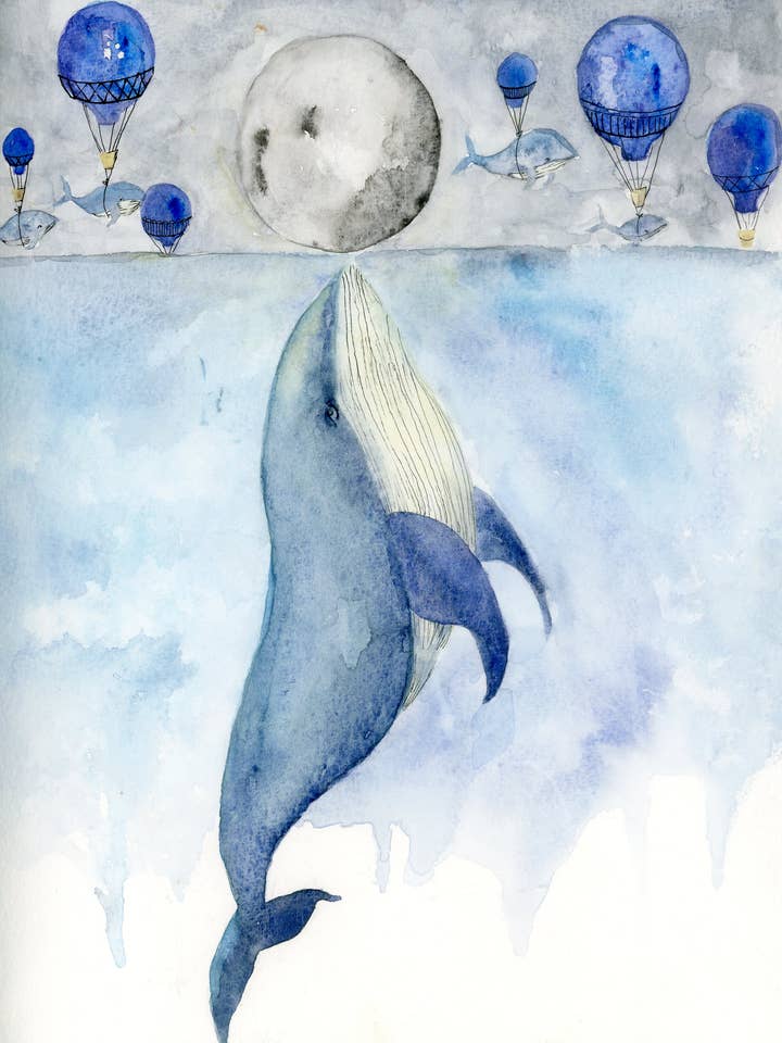 Whales and the Moon Watercolor Print for wholesale by Erin Hellmann Art